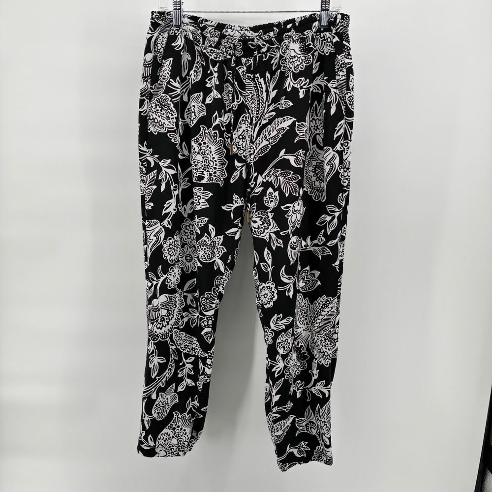 Lauren Ralph Lauren Petite Black White Floral Paisley Drawstring Pants 10P
